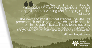 “Gov. Lujan Grisham has committed to nation-leading methane protections. Today’s strong oil and gas venting and flaring rule is the first step,” said Tannis Fox with the Western Environmental Law Center. “The next and most critical step will be NMED’s proposed air pollution rule, which should seek to rein in industry’s leaks. These leaks not only cause public health harms, but are responsible for 70 percent of methane emissions statewide.”