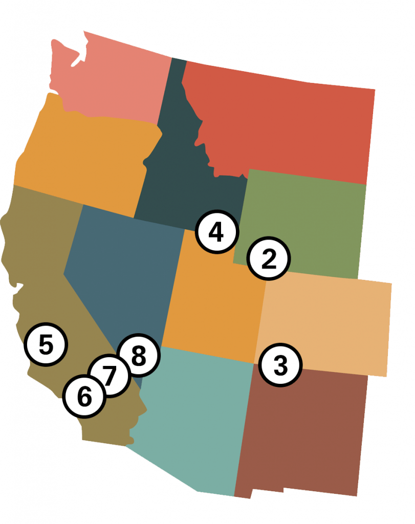 map of places impacted by welc pendley fvra case. three in california, one each in nevada, idaho, wyoming, and colorado