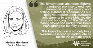 “This flimsy report abandons Biden’s campaign promise to end new federal oil and gas leasing and drilling. Instead, it recommends but does not require tepid, outdated adjustments to lease bids, royalty rates and bonding that the Office of Management and Budget has been highlighting for literally decades,” said Melissa Hornbein, an attorney at the Western Environmental Law Center. “This type of action is not only long overdue—it is wholly inadequate to tackle the climate crisis.”