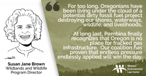 “For too long, Oregonians have been living under the cloud of a potential dirty fossil fuel project destroying our shores, waterways, wildlife, and livelihoods,” said Susan Jane Brown, Wildlands Program director for the Western Environmental Law Center and an attorney representing conservation interests challenging the Jordan Cove Energy Project. “At long last, Pembina finally recognizes that Oregon is no place for fracked gas infrastructure. Our coalition has proven that endless pressure endlessly applied will win the day.”