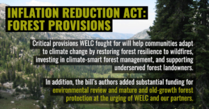WELC has worked with community partners and wildfire ecologists, scientists, and other experts on the Inflation Reduction Act of 2022 since last fall when it was first negotiated by Senate leadership. While the law has been dramatically scaled back since then, critical provisions that will help communities adapt to climate change by restoring forest resilience to wildfires, invest in climate-smart forest management on federal and non-federal lands, and support underserved forest landowners remain in the final package. In addition, the bill’s authors added substantial funding for environmental review and mature and old-growth forest protection at the urging of WELC and our partners.