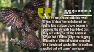 “While we are pleased with this result, it goes to show how emboldened our public land managers have become in pursuing the almighty board-foot, that they are willing to tell the American people and a federal judge that logging thousands of acres of habitat occupied by a threatened species like the northern spotted owl will cause zero ‘harm,’” said Sangye Ince-Johannsen, attorney at the Western Environmental Law Center. “The agencies’ singular focus on extraction over stewardship should concern every Oregonian, but today I’m grateful the law forbids that in some cases.”