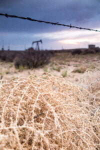 new mexico oil derrick with tumbleweed in foreground