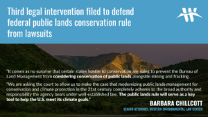 “It comes as no surprise that certain states and industries hostile to conservation are suing to prevent the Bureau of Land Management from considering conservation of public lands alongside mining and fracking,” said Barbara Chillcott, senior attorney at the Western Environmental Law Center. “We are asking the court to allow us to make the case that modernizing public lands management for conservation and climate protection in the 21st century completely adheres to the broad authority and responsibility the agency bears under well-established law. The public lands rule will serve as a key tool to help the U.S. meet its climate goals. We are decades behind on reaching them.”