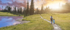 mother and child at sunset mt. rainier